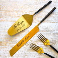 Black Cake Server and Knife - Gold Wedding Cake Cutting Set - Personalized Wedding Gift - Black & Gold - Gothic Wedding Set - Cake Fork Set