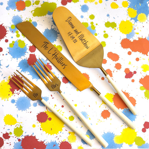 Pearl Cake Server Set Wedding - Cake Server and Knife - Personalized Cake Forks - White & Gold Wedding Cake Cutting Set- Wedding Cake Server