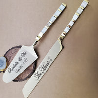 Custom Cake Serving Set - Wedding Cake Knife and Cake Server Set - Mother of Pearl Cake Cutting Set - Mirror Silver Finish