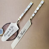 Custom Cake Serving Set - Wedding Cake Knife and Cake Server Set - Mother of Pearl Cake Cutting Set - Mirror Silver Finish