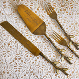 Gold Wedding Cake Knife - Personalized Wedding Cake Cutter - Cake Fork Set - Mother of Pearl Inlay on Handles-Antique Gold Finish Cake Knife