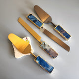Custom Wedding Cake Knife and Server Set - Blue Agate Handles - Laser Engraved Gold Cake Serving Set - Gothic Wedding Cake Knife and Server