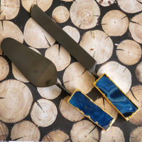 Custom Wedding Cake Knife and Server Set - Blue Agate Handles - Laser Engraved Gold Cake Serving Set - Gothic Wedding Cake Knife and Server