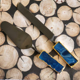 Custom Wedding Cake Knife and Server Set - Blue Agate Handles - Laser Engraved Gold Cake Serving Set - Gothic Wedding Cake Knife and Server