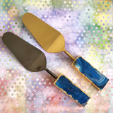 Custom Wedding Cake Knife and Server Set - Blue Agate Handles - Laser Engraved Gold Cake Serving Set - Gothic Wedding Cake Knife and Server