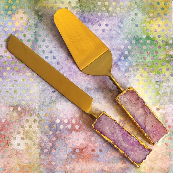 Custom Wedding Cake Knife and Server Set - Pink Agate Handles - Laser Engraved Gold Cake Serving Set - Gothic Wedding Cake Knife and Server