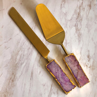 Custom Wedding Cake Knife and Server Set - Pink Agate Handles - Laser Engraved Gold Cake Serving Set - Gothic Wedding Cake Knife and Server