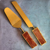 Custom Wedding Cake Knife and Server Set - Rust Gemstone Handles - Laser Engraved Gold Cake Serving Set - Gothic Wedding Cake Knife & Server
