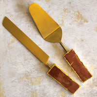 Custom Wedding Cake Knife and Server Set - Rust Gemstone Handles - Laser Engraved Gold Cake Serving Set - Gothic Wedding Cake Knife & Server