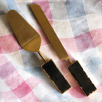Custom Wedding Cake Knife and Server Set - Black Gemstone Handles - Laser Engraved Gold Cake Serving Set -Gothic Wedding Cake Knife & Server