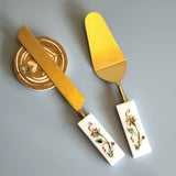 Custom Wedding Cake Knife and Server Set - Marble Handles - Laser Engraved Gold Cake Serving Set - Gothic Wedding Cake Knife and Server