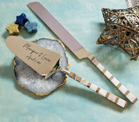 Custom Cake Serving Set - Wedding Cake Knife and Cake Server Set - Mother of Pearl Cake Cutting Set - Mirror Silver Finish