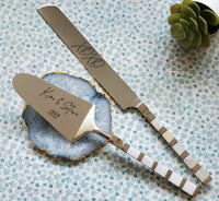 Custom Cake Serving Set - Wedding Cake Knife and Cake Server Set - Mother of Pearl Cake Cutting Set - Mirror Silver Finish