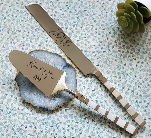 Mother of Pearl White Marble Cake Knife Serving Set – Third & Main