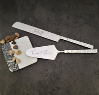 Custom Cake Serving Set - Wedding Cake Knife and Cake Server Set - Mother of Pearl Cake Cutting Set - Mirror Silver Finish