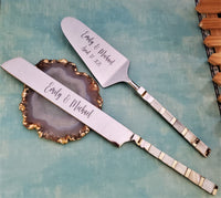 Custom Cake Serving Set - Wedding Cake Knife and Cake Server Set - Mother of Pearl Cake Cutting Set - Mirror Silver Finish