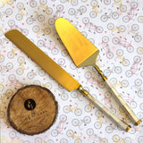 Luxurious Personalized Wedding Cake Knife and Server Set - Gold Wedding Cake Cutter Set - Mother of Pearl Handles -Cake Server and Knife Set