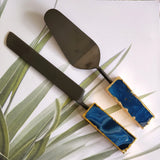 Custom Wedding Cake Knife and Server Set - Blue Agate Handles - Laser Engraved Gold Cake Serving Set - Gothic Wedding Cake Knife and Server