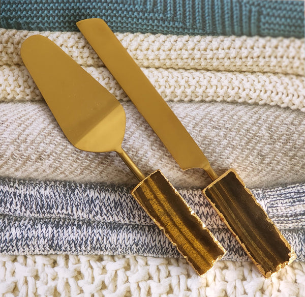Custom Wedding Cake Knife and Server Set - Tiger Eye Handles - Laser Engraved Gold Cake Serving Set - Gothic Wedding Cake Knife and Server