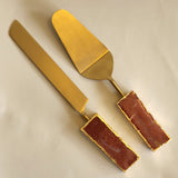 Custom Wedding Cake Knife and Server Set - Rust Gemstone Handles - Laser Engraved Gold Cake Serving Set - Gothic Wedding Cake Knife & Server