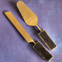 Custom Wedding Cake Knife and Server Set - Black Gemstone Handles - Laser Engraved Gold Cake Serving Set -Gothic Wedding Cake Knife & Server