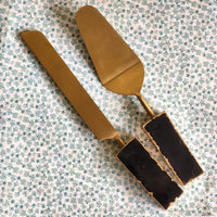Custom Wedding Cake Knife and Server Set - Black Gemstone Handles - Laser Engraved Gold Cake Serving Set -Gothic Wedding Cake Knife & Server