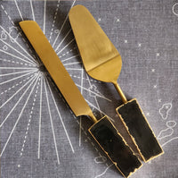 Custom Wedding Cake Knife and Server Set - Black Gemstone Handles - Laser Engraved Gold Cake Serving Set -Gothic Wedding Cake Knife & Server