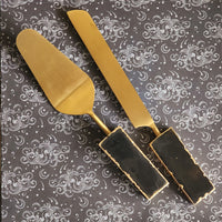 Custom Wedding Cake Knife and Server Set - Black Gemstone Handles - Laser Engraved Gold Cake Serving Set -Gothic Wedding Cake Knife & Server