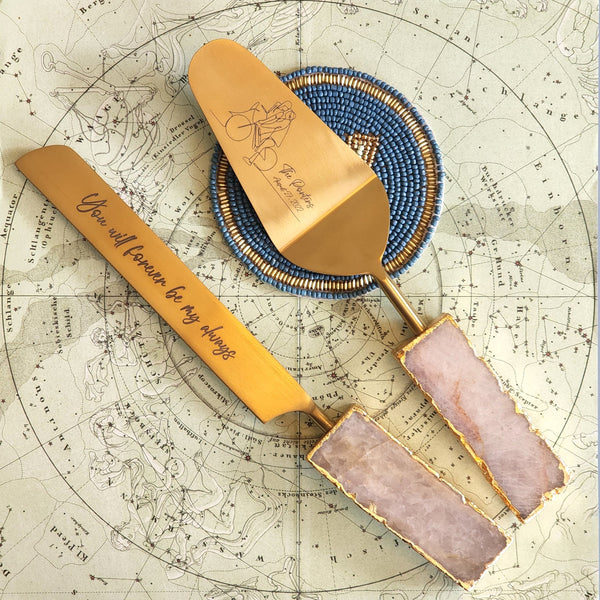 Personalized Wedding Cake Knife and Server Set - Quartz Handles - Gold Agate Cake Serving Set - Black Cake Knife Server -Agate Gold Cake Set