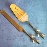 Gold Wedding Cake Knife - Personalized Wedding Cake Cutter - Cake Fork Set - Mother of Pearl Inlay on Handles-Antique Gold Finish Cake Knife