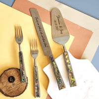 Abalone Shell Inlay Wedding Cake Forks - Custom Wedding Gifts - Engraved Wedding Forks - Bride Groom Forks - Bridal Shower -Wedding Keepsake