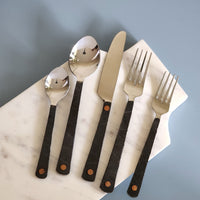 5 Piece Stainless Steel Flatware/Silverware/Cutlery/Hostess Set for 1 - Black/Silver - Housewarming Gift - Rustic Flatware -Artisan Handmade