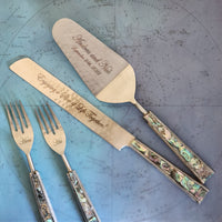 Personalized Wedding Cake Knife, Server and Fork Set -  Mother of Pearl Wedding Cake Knife set-Abalone Shell Wedding Cake Shovel & Cake Fork