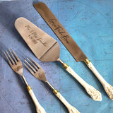 Personalized Wedding Cake Knife, Server and Fork Set -  White Wedding Cake Knife set with Gold Distressing - Wedding Cake Shovel & Cake Fork