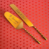 Personalized Wedding Cake Knife, Server and Fork Set -  Gold Wedding Cake Knife set with Cake Forks - Custom Wedding Cake Shovel & Cake Fork