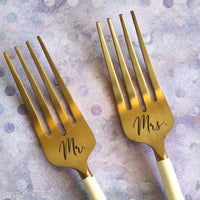 Ivory & Gold Wedding Cake Forks - Custom Wedding Gifts - Engraved Wedding Forks - Bride Groom Forks - Bridal Shower Gift - Wedding Keepsake