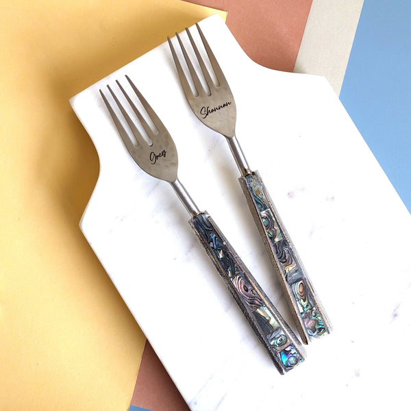 Abalone Shell Inlay Wedding Cake Forks - Custom Wedding Gifts - Engraved Wedding Forks - Bride Groom Forks - Bridal Shower -Wedding Keepsake