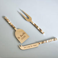 Luxurious Personalized Cheese Knife Set - Mother of Pearl Inlay handles - Shiny Silver Blades -  Charcuterie Board Essentials - Gift Boxed