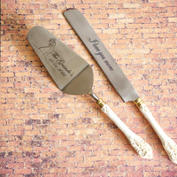 Personalized Wedding Cake Knife, Server and Fork Set -  White Wedding Cake Knife set with Gold Distressing - Wedding Cake Shovel & Cake Fork