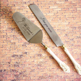 Personalized Wedding Cake Knife, Server and Fork Set -  White Wedding Cake Knife set with Gold Distressing - Wedding Cake Shovel & Cake Fork