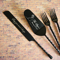 Black Wedding Cake Knife, Server and Fork Set -  Personalized Wedding Cake Knife, Cake Shovel & Cake Fork Set - Black Matte or Glossy Finish