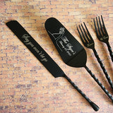 Black Wedding Cake Knife, Server and Fork Set -  Personalized Wedding Cake Knife, Cake Shovel & Cake Fork Set - Black Matte or Glossy Finish
