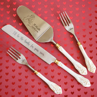 Personalized Wedding Cake Knife, Server and Fork Set -  White Wedding Cake Knife set with Gold Distressing - Wedding Cake Shovel & Cake Fork