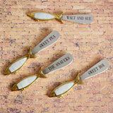 Personalized Mother of Pearl Cheese Knives Set - 4 piece Brass Fish Spreader Set - Laser Engraved Hand carved Butter Knives - Gift Boxed
