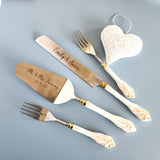 Personalized Wedding Cake Knife, Server and Fork Set -  White Wedding Cake Knife set with Gold Distressing - Wedding Cake Shovel & Cake Fork