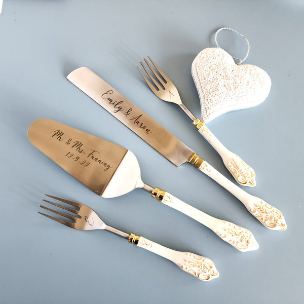 Personalized Wedding Cake Knife, Server and Fork Set - White