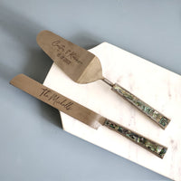 Personalized Wedding Cake Knife, Server and Fork Set -  Mother of Pearl Wedding Cake Knife set-Abalone Shell Wedding Cake Shovel & Cake Fork