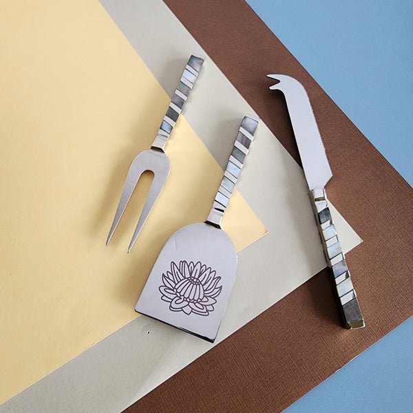 Luxurious Personalized Cheese Knife Set - Mother of Pearl Inlay handles - Shiny Silver Blades -  Charcuterie Board Essentials - Gift Boxed