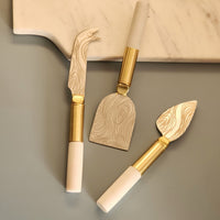 3 Piece Cheese Knife Set - White Marble & Brass Handles - Engraved Silver Blades - Artisan Handmade Cheese Knives - Gift Boxed