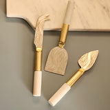 3 Piece Cheese Knife Set - White Marble & Brass Handles - Engraved Silver Blades - Artisan Handmade Cheese Knives - Gift Boxed
